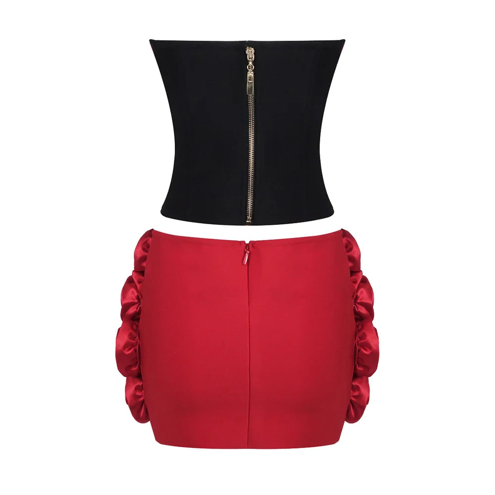 Stereoscopic Red Flower Woman Set Strapless Top And Mini Dress 2 pieces Fashion Woman Evening Party Dress Birthday Party Outfit