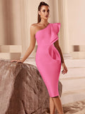 Elegant Bandage Dress Evening Night Party One Shoulder Luxury White Black Blue Knee Length Sexy Cocktail Women Bodycon Dresses Pink