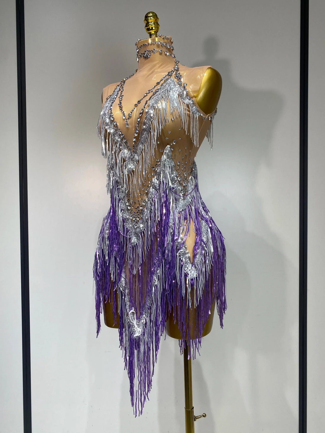 Luxury Rhinestone Tassel Sexy Women Short Latino Dance Dress Birthday Nightclub Bar Sleeveless Sparkly Performance Stage Outfit PURPLE
