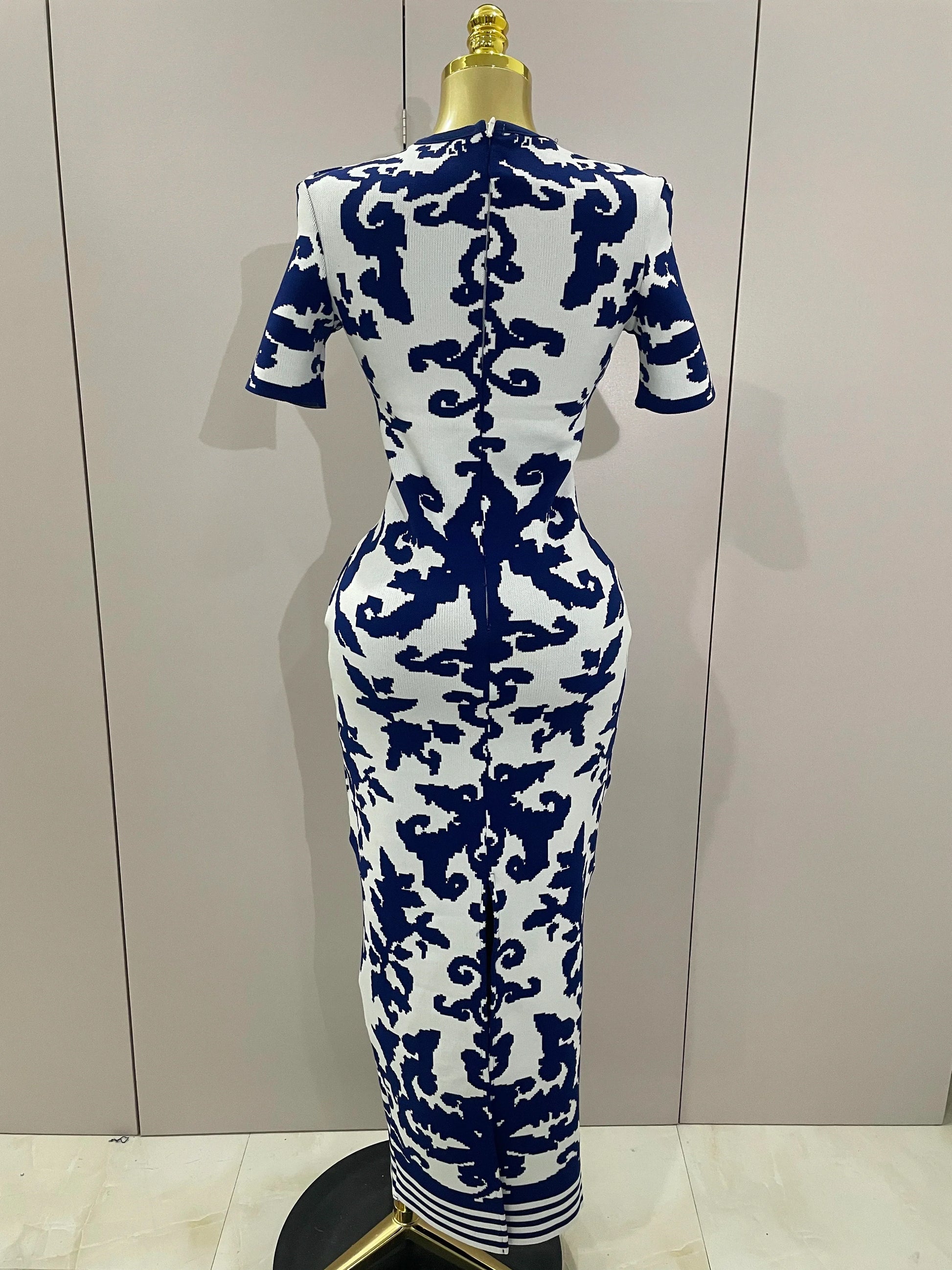 Sexy Short Sleeve Jacquard Blue Bandage Bodycon Long Dress Women Celebrity Elegant Evening Club Party Luxury Dresses