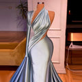 Elegant One Shoulder Ruffles Evening Dresses With Long Train Satin Plus Size Women Custom Made Beaded Prom Gowns