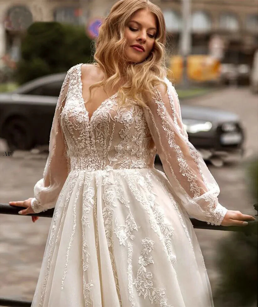 Cantik A-Line Plus Size Wedding Dresses Tulle Lengan Panjang Pengantin Gaun Sweep Keretapi Overssize Bride Dress Robe de Mariee