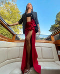 Rose Decoration Sexy High Split Red Bandage Long Shikt Fashion Graceful woman Item Evening Party Outfit