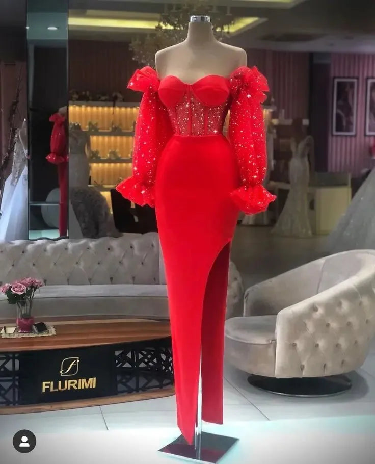 Off Shoulder Prom Dresses Mermaid Sequined Bling Sweetheart Puffy Full Sleeves Long Floor Length Evening Gowns Women Graduation