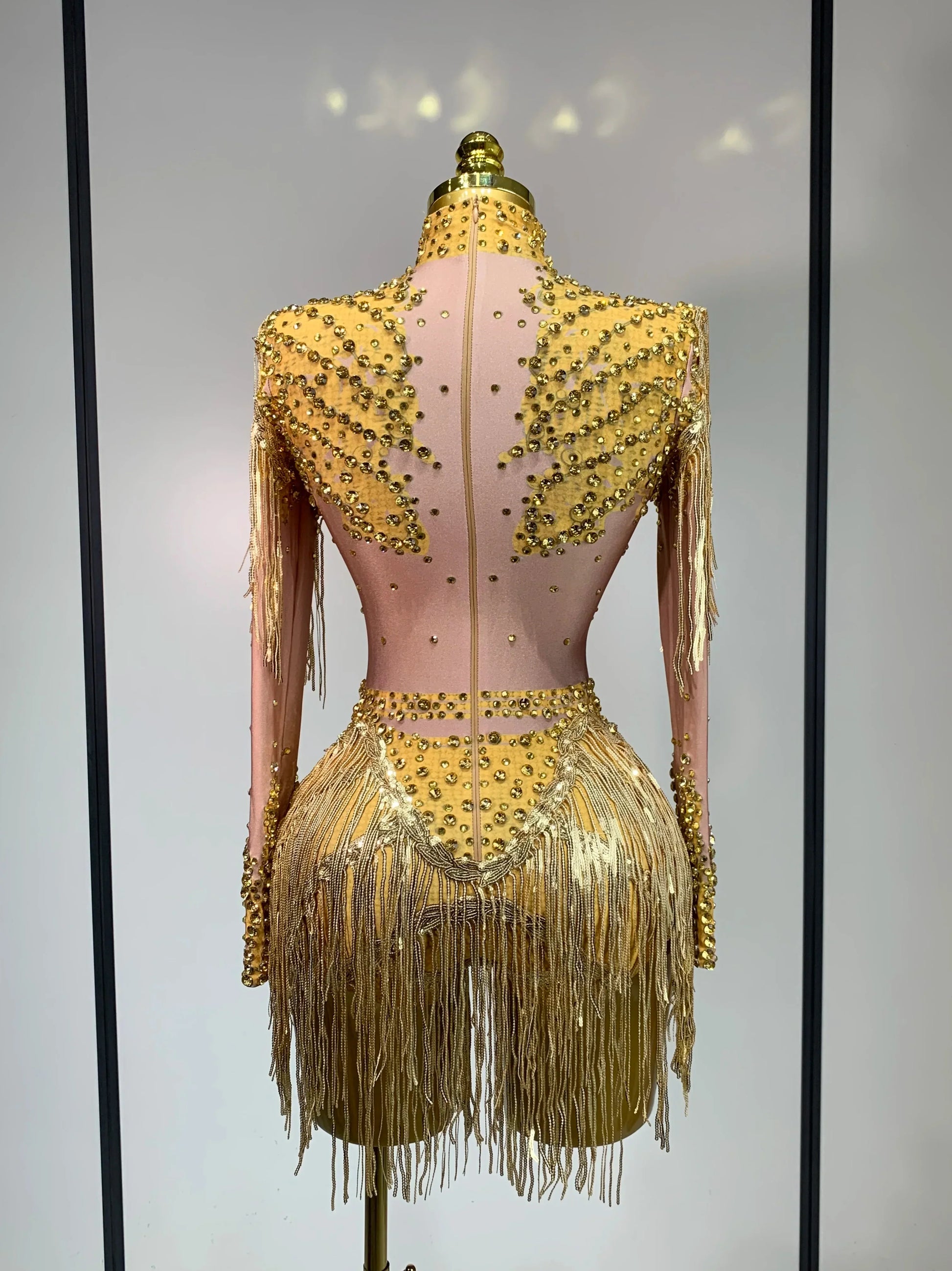 Women Long Sleeve Sexy Shinning Tassels Rhinestone Bodycon Bodysuit High Stretch Bar Dancer Nightclub Stage Wear Birthday Outfit