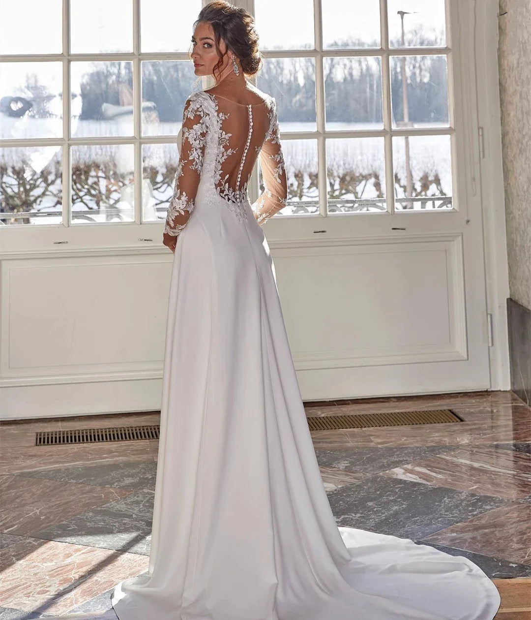 Vestido De novia sencillo De manga larga, largo hasta el suelo, corte en A, personalizado, para mujer, vestidos De novia, apliques De encaje encantadores 