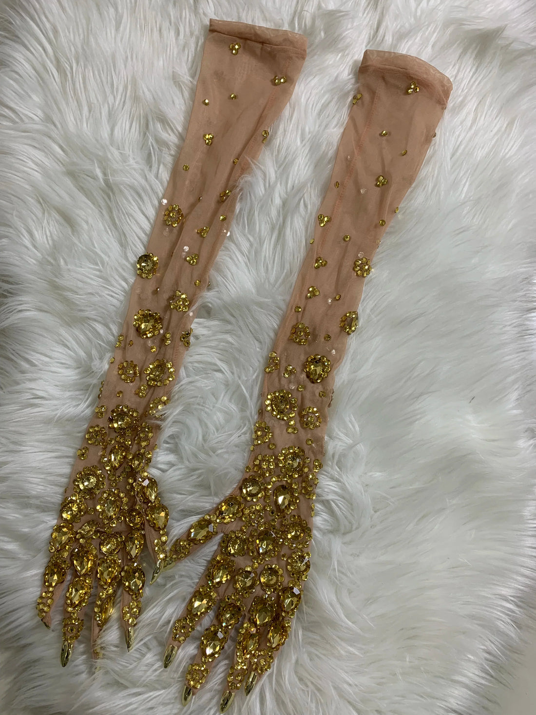 Women Sexy Luxury Gold Rhinestones Mesh Long Gloves Dancer Singer Nightclub Stage Party Show Accessories Sparkly Decoration One Size