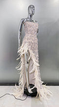 Gorgeous Feathers Beading Sequins High Slit Strapless Floor Length Dress Woman Birthday Party Vestido Stage Performance Costume