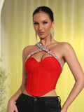 Spring Sexy Women Light Luxury Nail Bead Bandage Tank Top Single Shoulder Sleeveless Hollow Out Back Hoodie Ultra Short Top Red