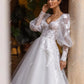 A-Line Elegant Wedding Dresses Sweetheart Long Puff Sleeves Appliques Brides Gowns Sweep Train Bridals Party Dresses