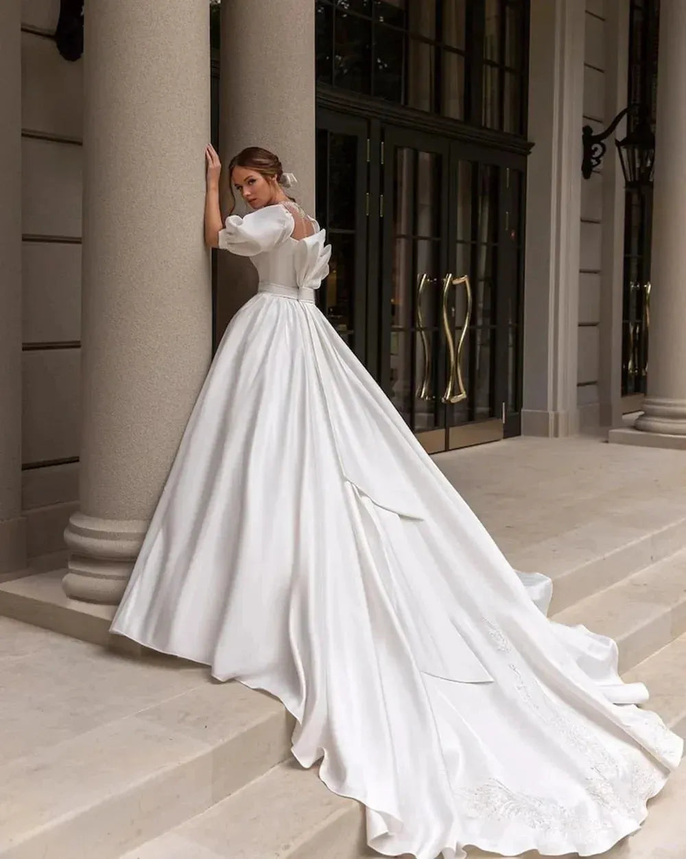 Elegant Satin Wedding Dresses For Women Hight Collar A Line Puff Sleeves Bridal Gowns Vestidos De Novia With Sweep Train 14w