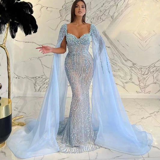 Arabic Luxury Beaded Mermaid Prom Dress Cape Sleeves Dubai Blue Evening Dresses Lace Beaded Long Prom Gowns Vestido De Gala