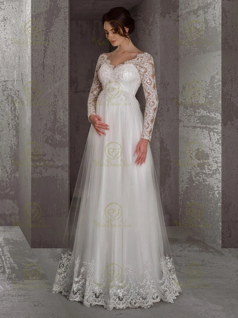 Pregnant Wedding Dresses Lace Tulle Full Sleeves Deep V Neck A Line Empire Waist Long Floor Length Bride Gown Women Formal
