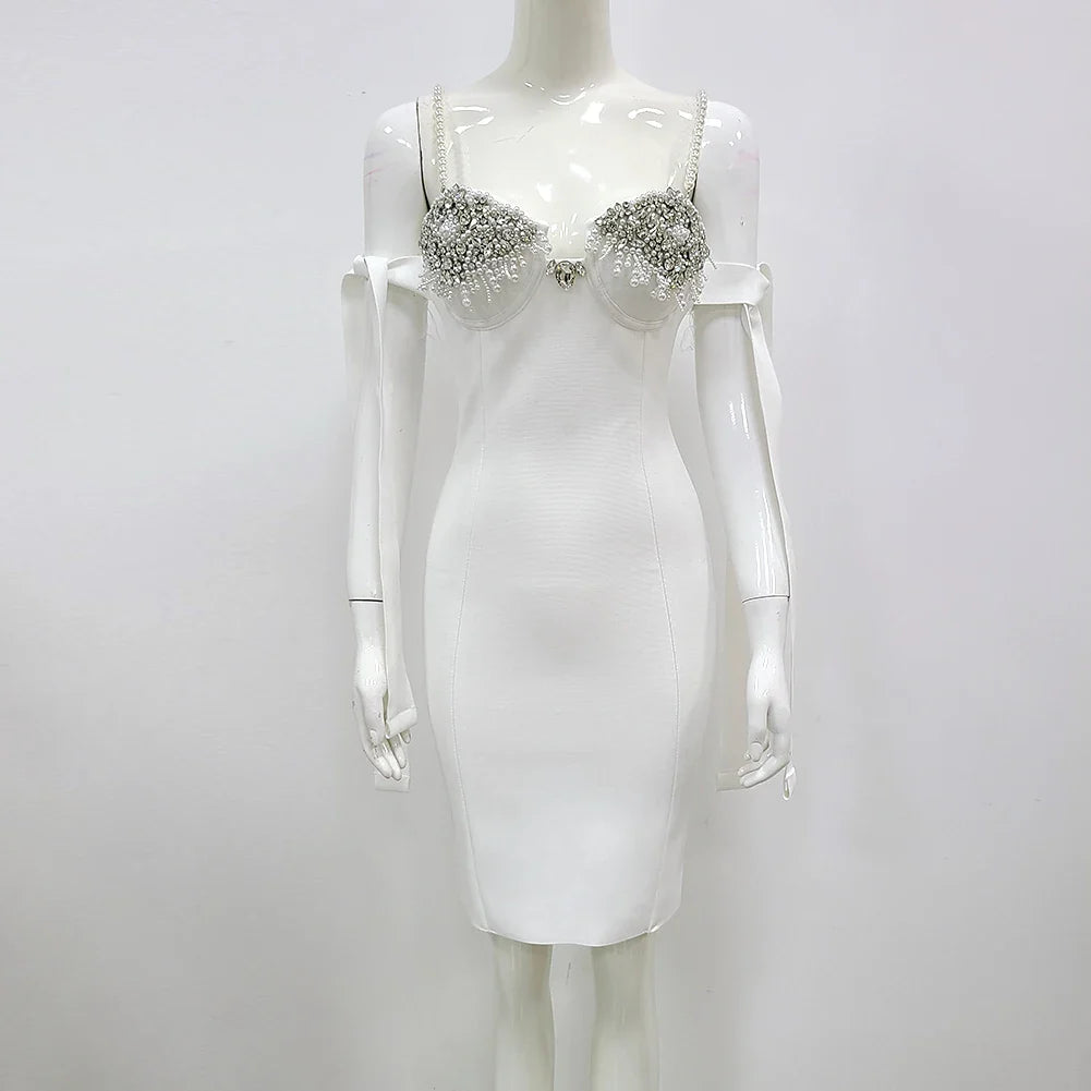 EXquisite Beading Shining Diamonds Lace Up Spaghetti Strap Knee Length Dress Hotsweet Woman Bandage Dress Evening Party Outfit