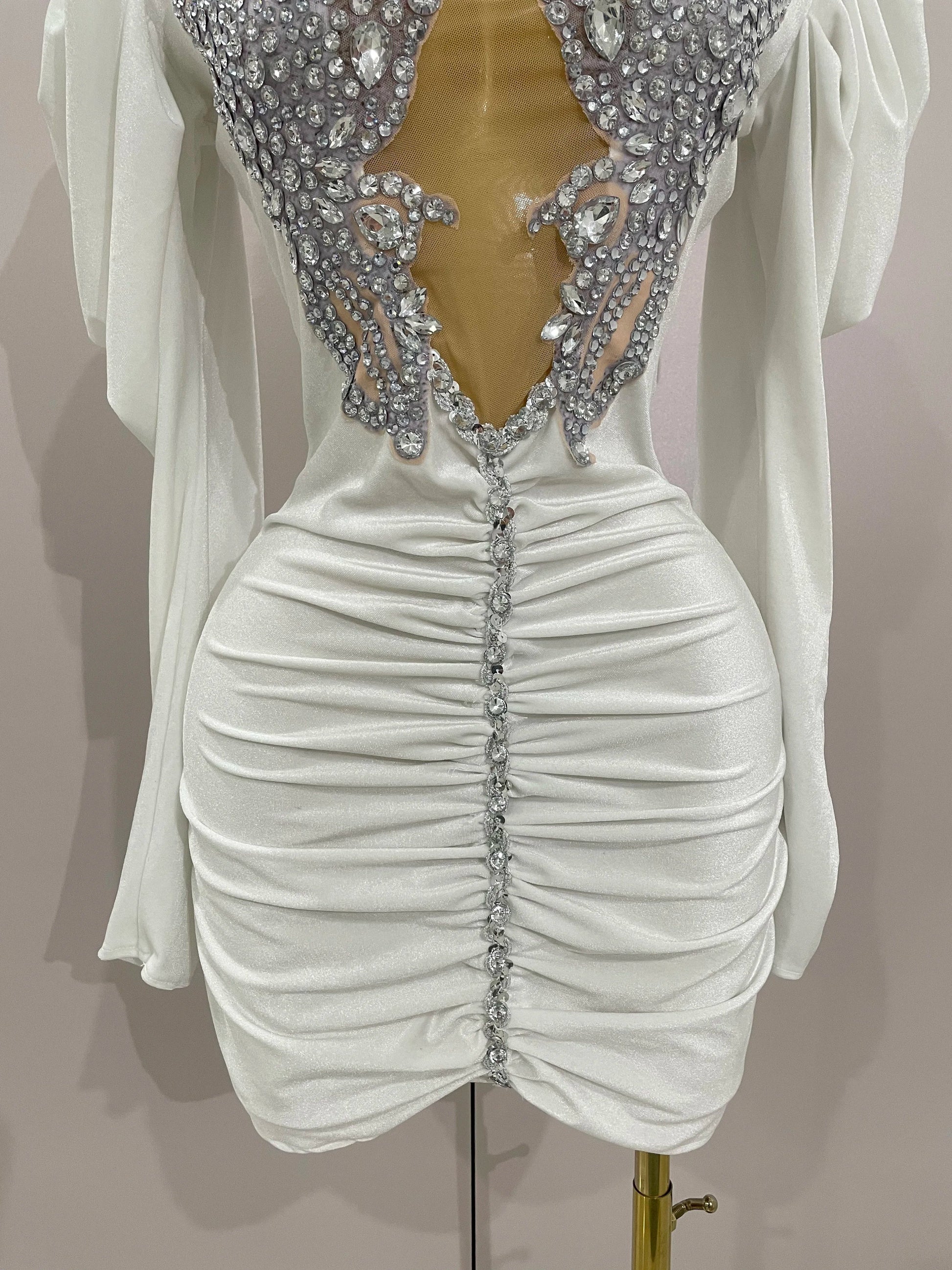 Luxury Sparkly Crystals Sexy Mesh White Velvet Short Dress Women Elegant Evening Prom Birthday Party Dresses Stage Costume