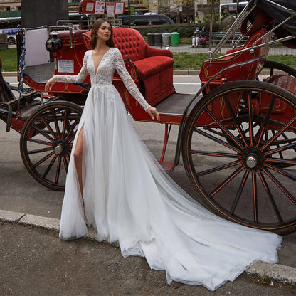 SoDigne Boho تول فستان الزفاف الكنيسة الساحرة الخامس الرقبة طويلة الأكمام مثير الجانب فستان زفاف Vestido De Novia مخصص