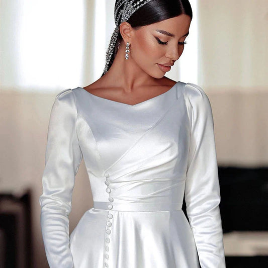 Gaun Perkahwinan Muslim Satin Line Lengan Panjang Pakaian Pengantin Putih Vestidos De Novia Princess Wedding Gowns Plus Saiz