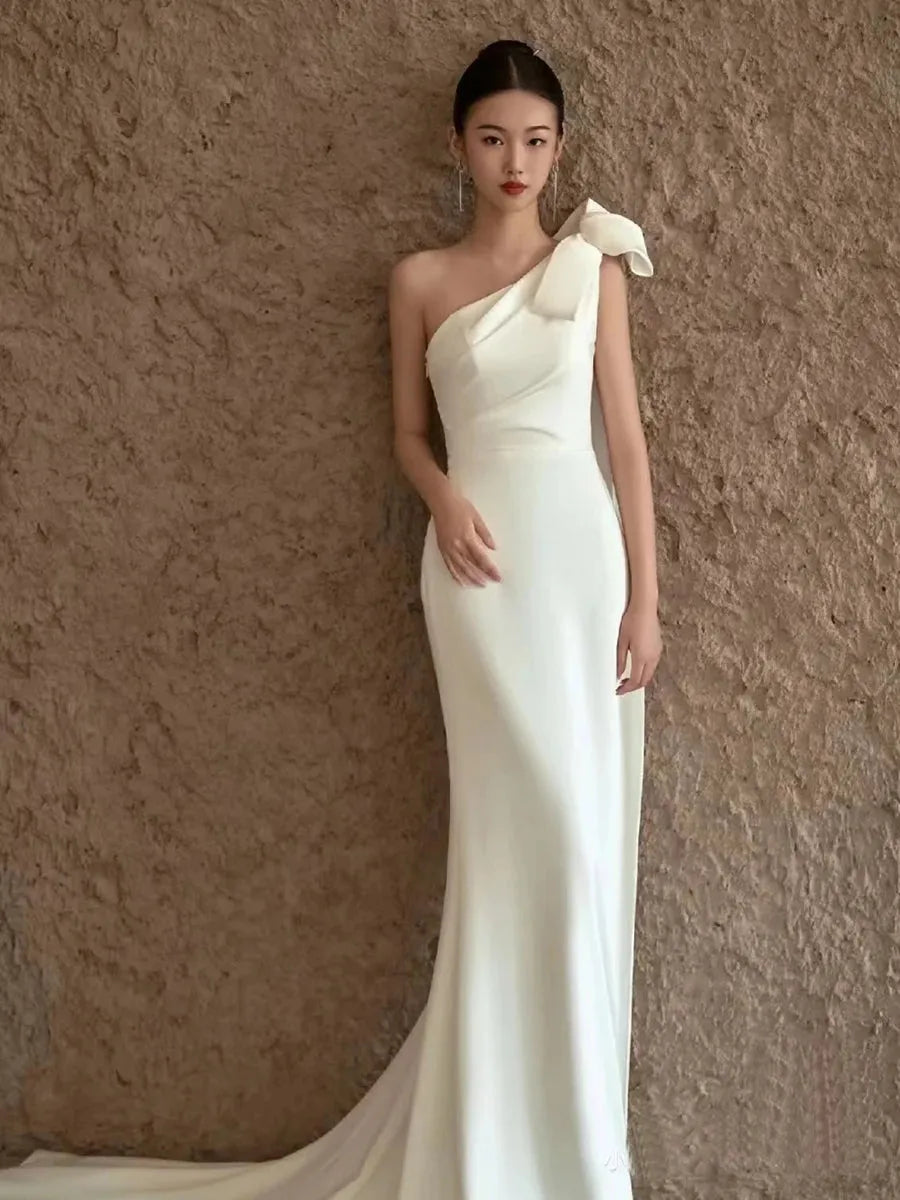 Luxury White Satin One Shoulder Wedding Trailing Dresses for Bride Elegant Long Prom Evening Guest Party Women Summer Dress White 50cm | cn