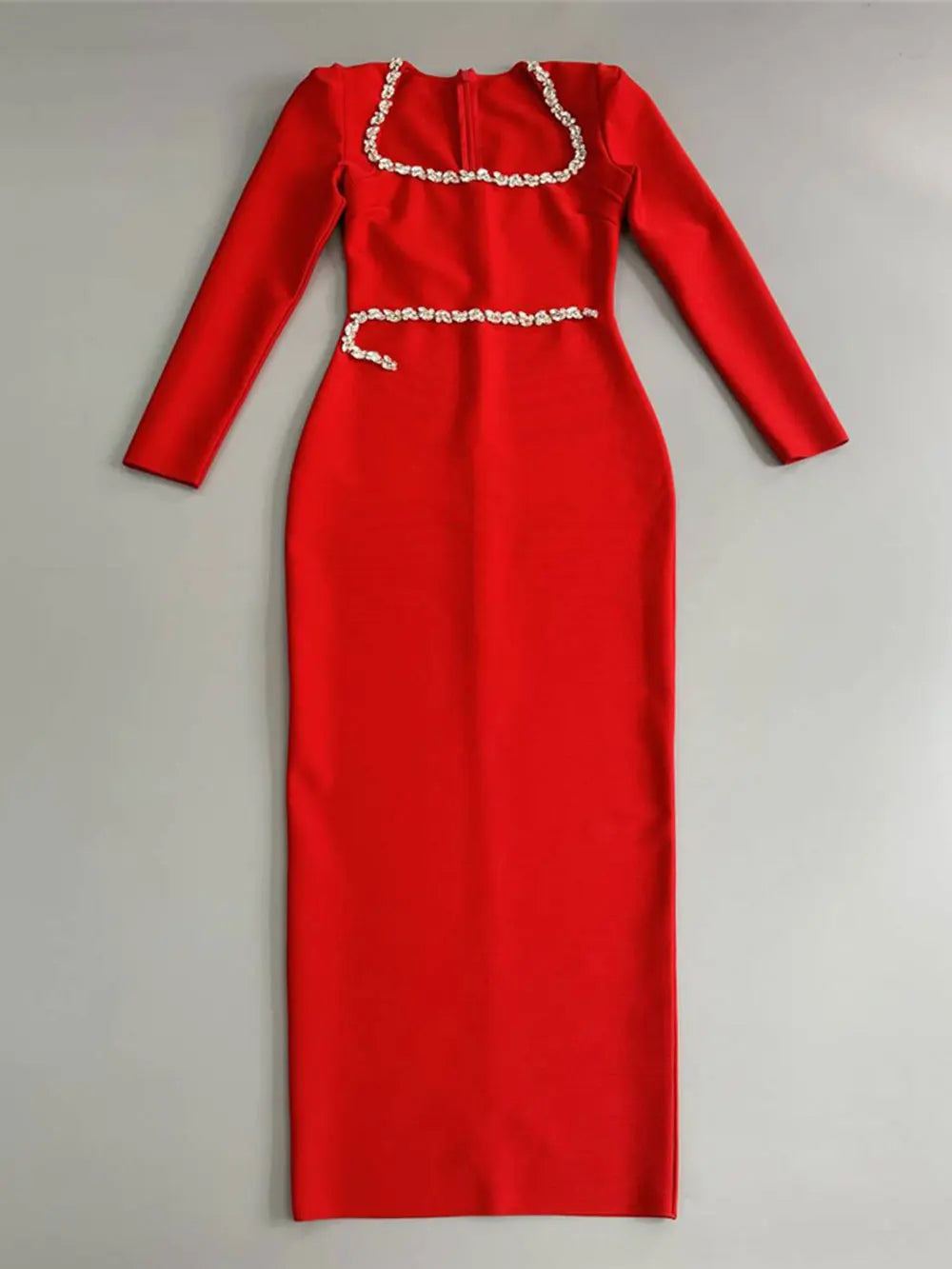 Elegant Women Dress Light Luxury Diamond Design Bandage Dress Square Neck Long Sleeve Bodycon Christmas Red Dress Vestidos Red
