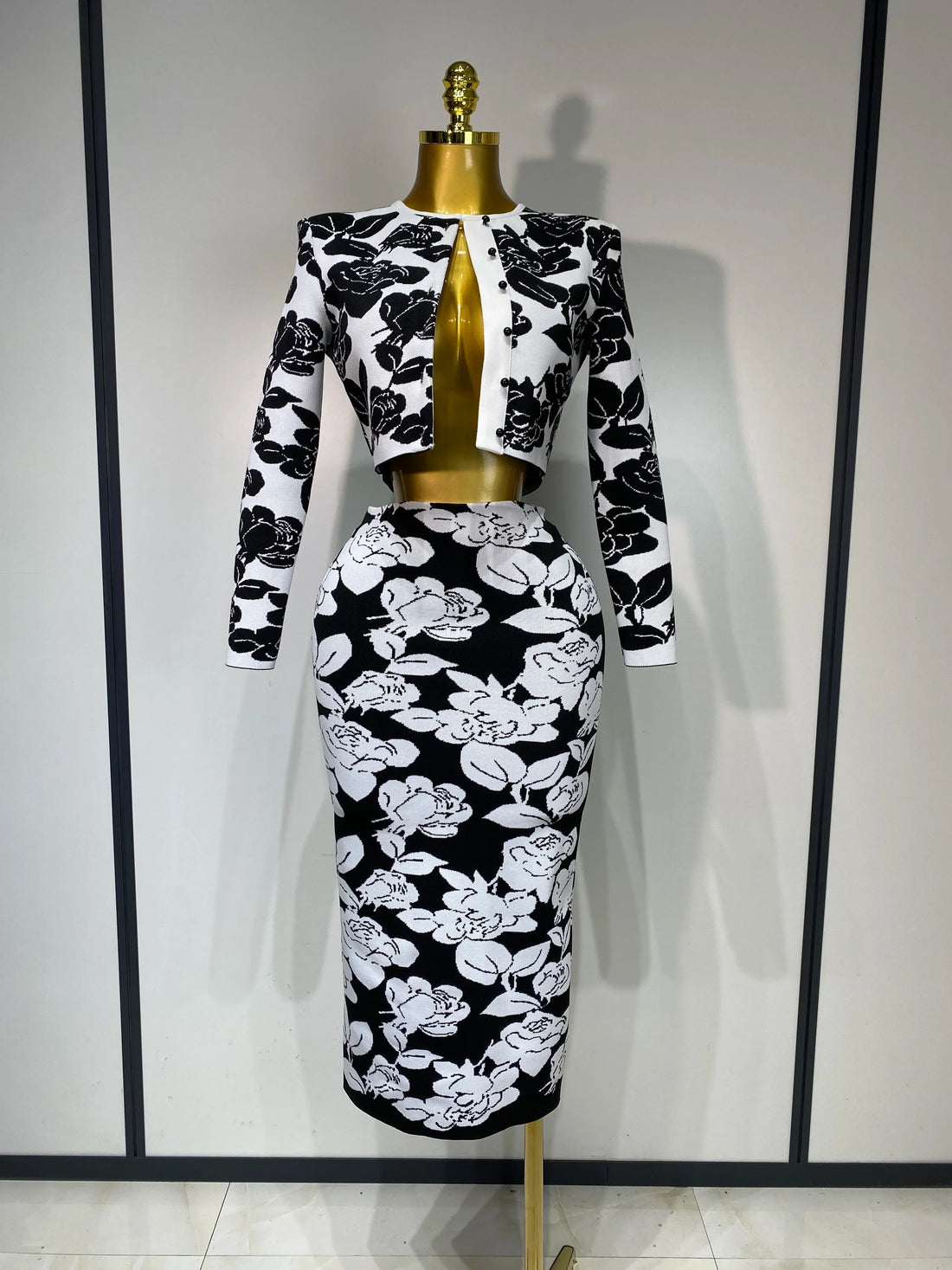 Women Long Sleeve Jacquard Weave Two Pieces Set Celebrity Red Carpet Dress Birthday Bodycon Bandage Women's Set black