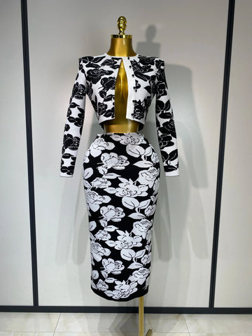 Women Long Sleeve Jacquard Weave Two Pieces Set Celebrity Red Carpet Dress Birthday Bodycon Bandage Women's Set black