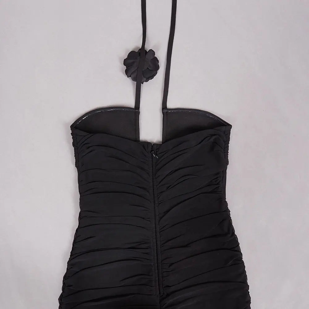 Sexy Women'S Black Chiffon Dress Hanging Neck Style Sleeveless Three-Dimensional Flower Design Bodycon Backless Mini Dress