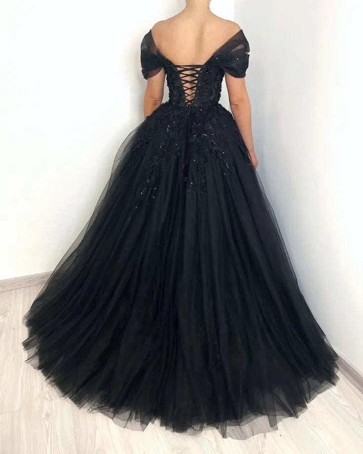 Black Evening Dress Beaded Lace Applique Off Shoulder V Neck Tulle Ball Gown Long Sweep Train Prom Gowns Elegant Woman