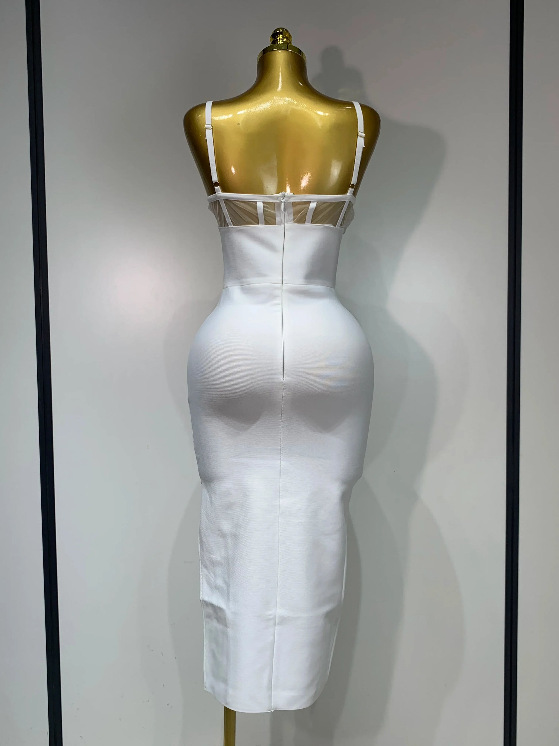 Fashion Sexy V Neck Backless Diamonds Split Women Bodycon Bandage Dress White Elegant Evening Club Party Birthday Dresses