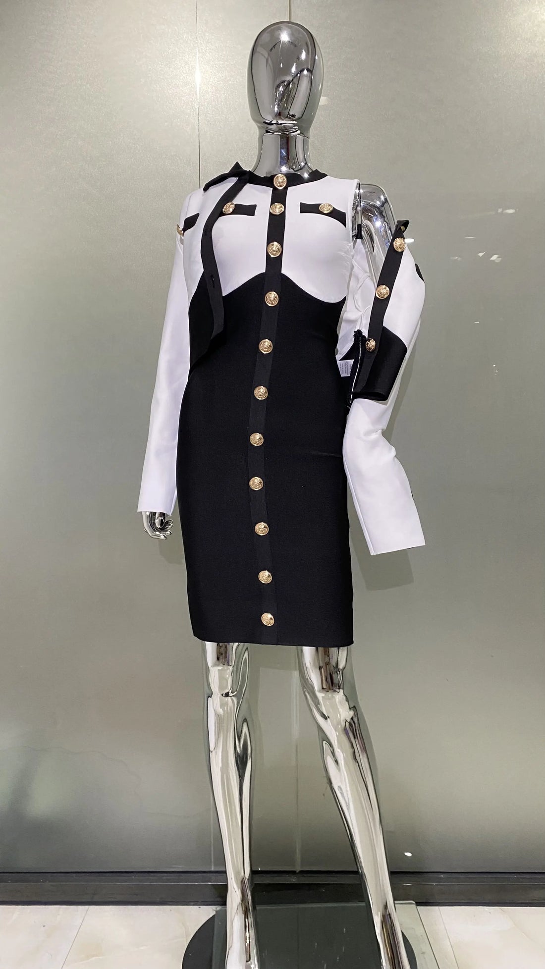 s Fashionable Women's Bandage Set Golden Buttons White Patchwork Black Coat And Sleeveless Bodycon MIini Dress