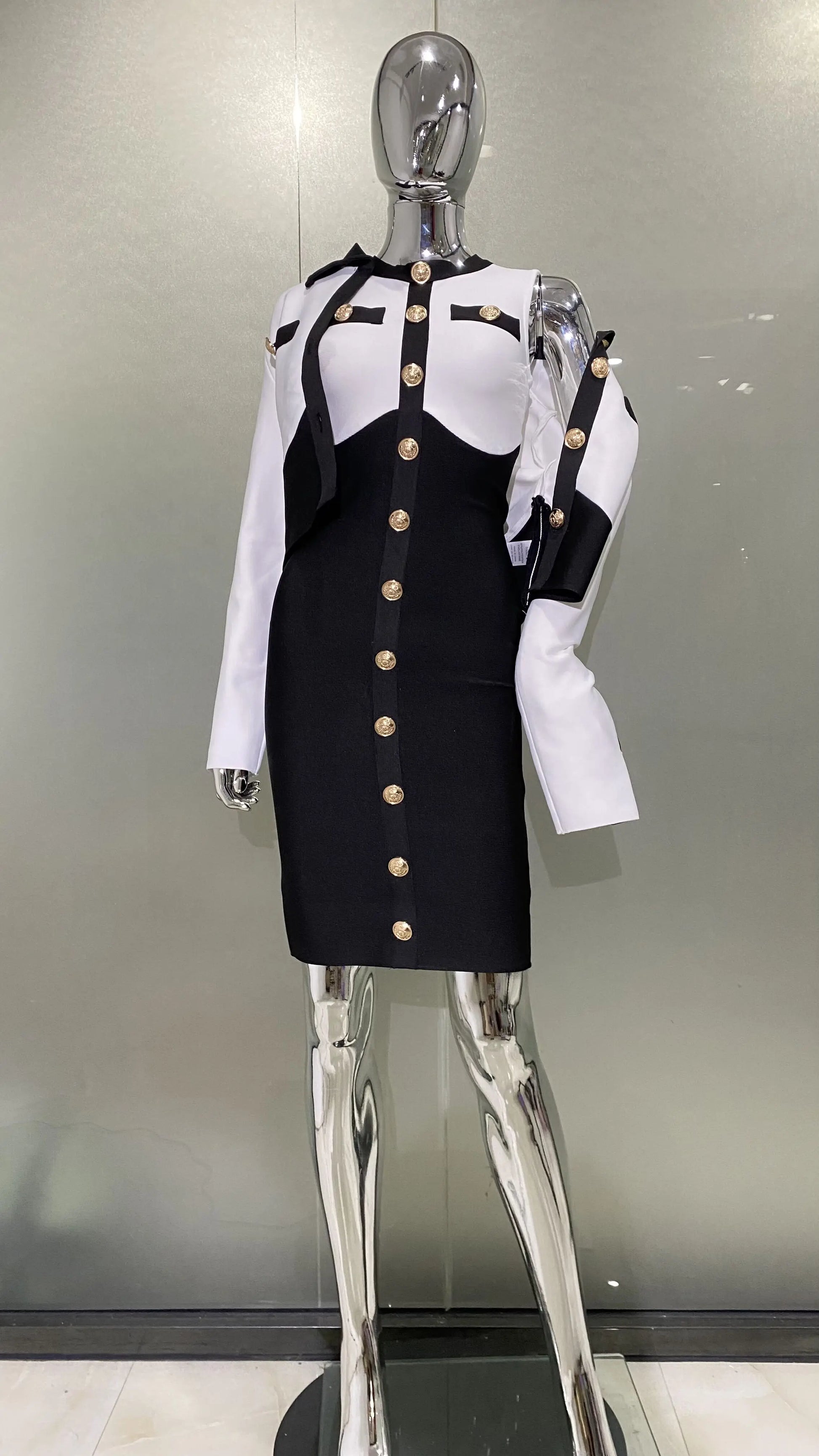 s Fashionable Women's Bandage Set Golden Buttons White Patchwork Black Coat And Sleeveless Bodycon MIini Dress