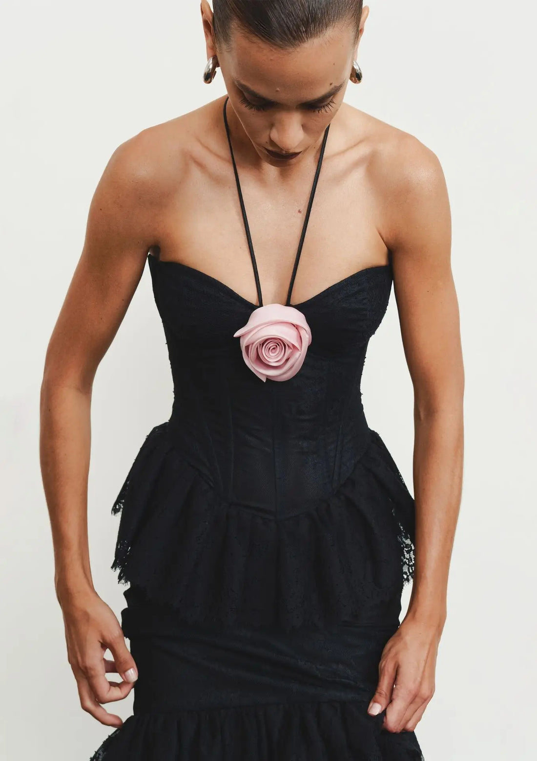 Pink Flowers Halter Sleeveless Black Lace Ankle Length Dress Celebrity Birthday Party Evening Dress Woman Voaction Outfit black