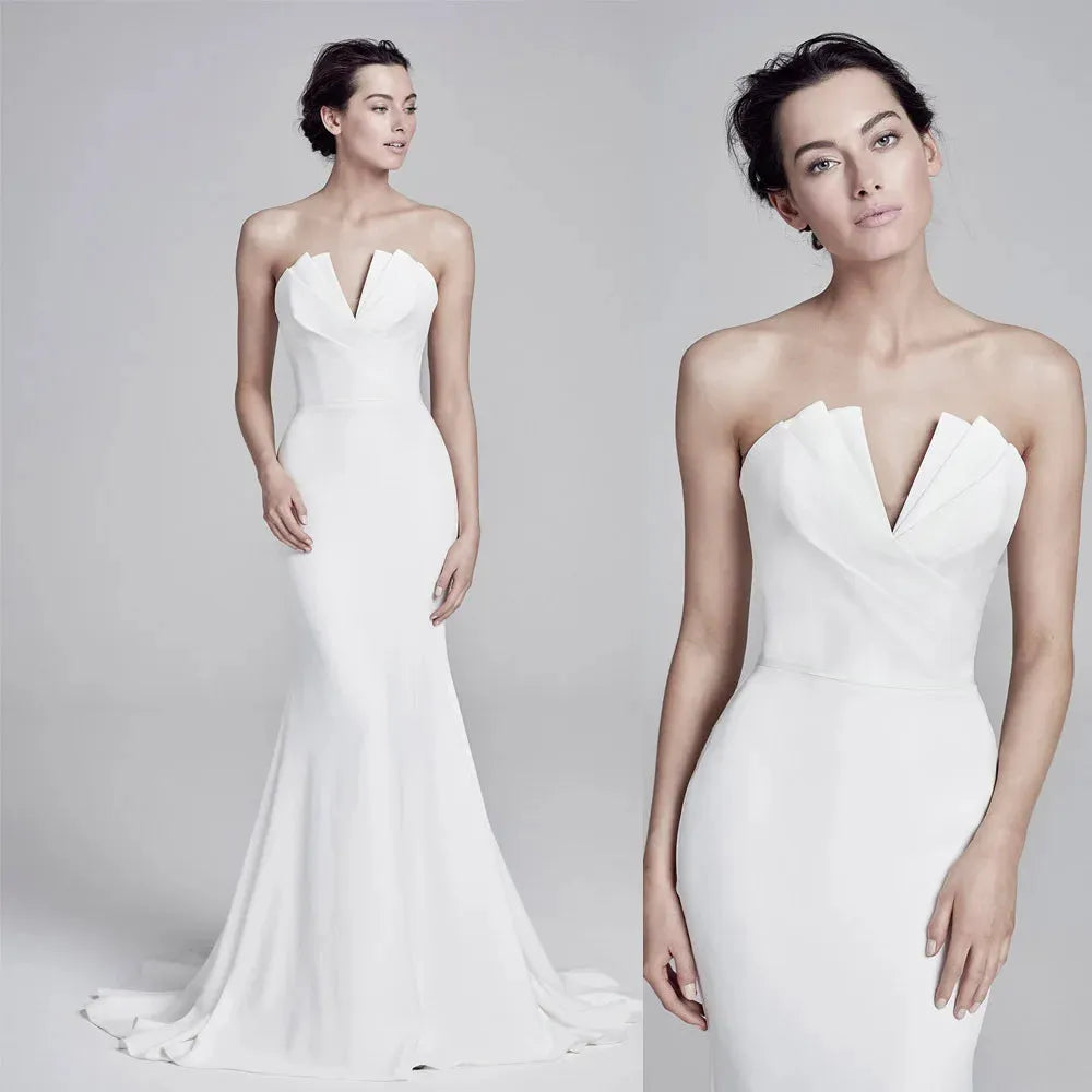 French Strapless Mermaid Satin Trailing Bride Wedding Dress Women Elegant Sexy Backless Evening Prom Dresses Summer vestidos White 50cm | cn