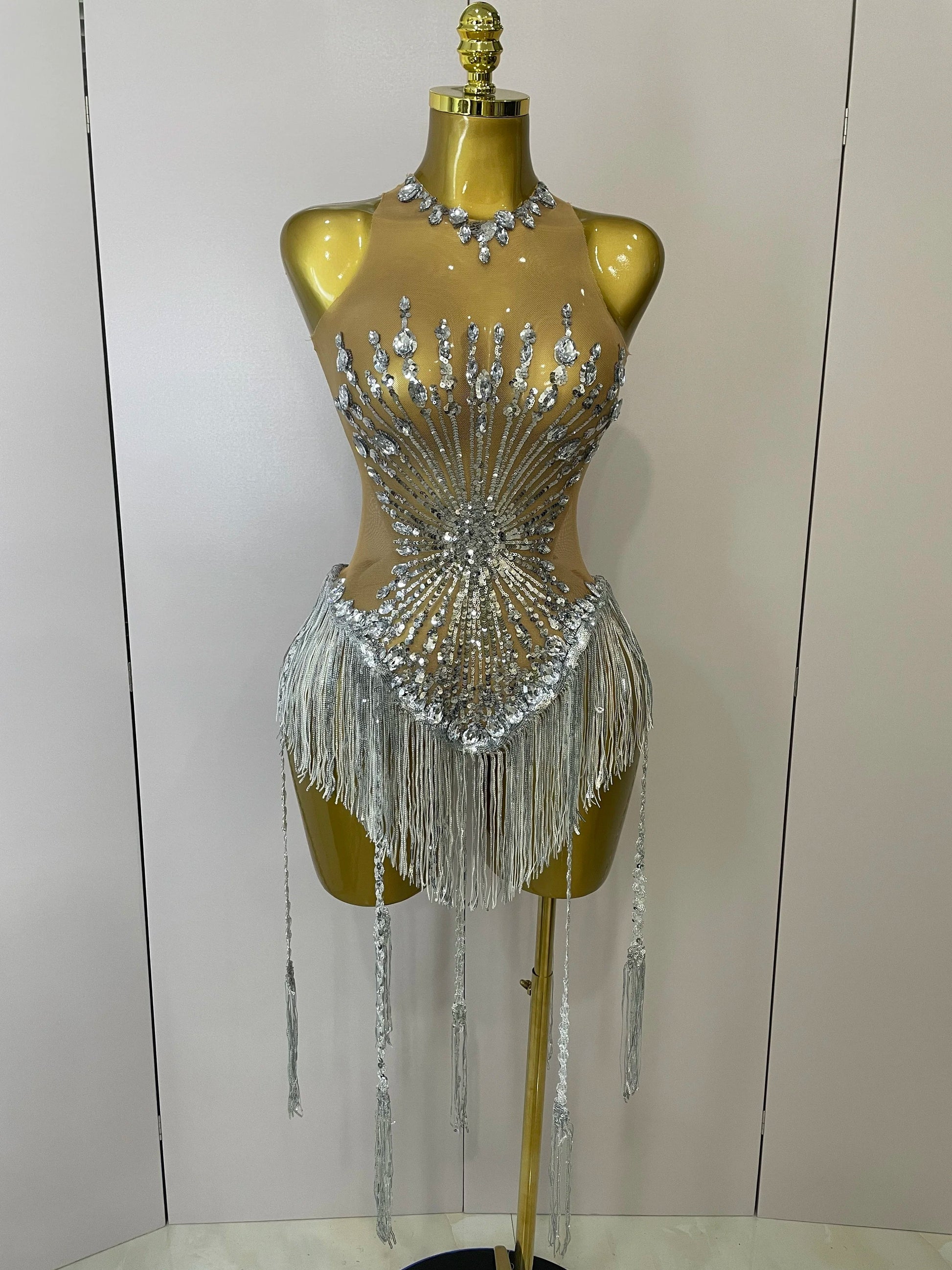 Sliver Sequins Shining Diamonds Sexy Mesh Long Tassel Bodysuit Women Nightclub Party Birthday Stage Performance Costume Silver