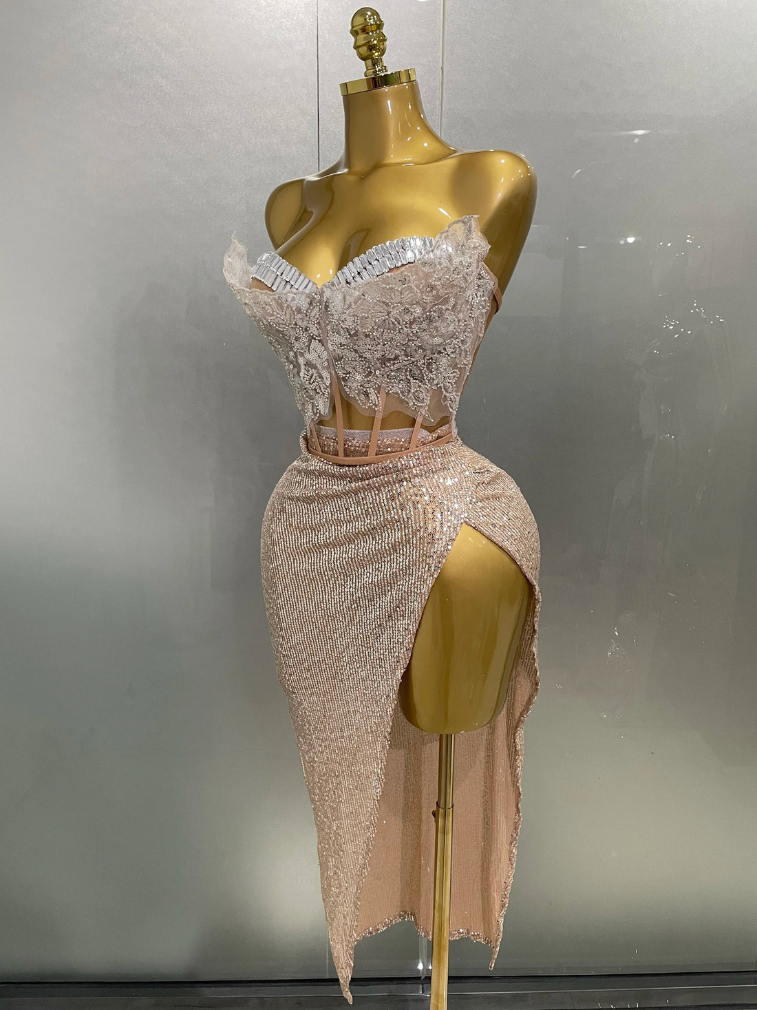 Women Sparkle Rhinestone Sequins Two Pieces Evening Party Dress Celebrate Festival Dancer Bar Nightclub Ds Dj Stage Wear Khaki
