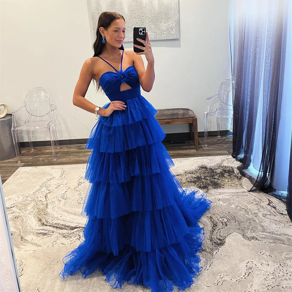 Dark Blue Prom Dresses Halter Neck Tulle Evening Dress Elegant Sleeveless Backless Tower Style Party vestidos de fiesta