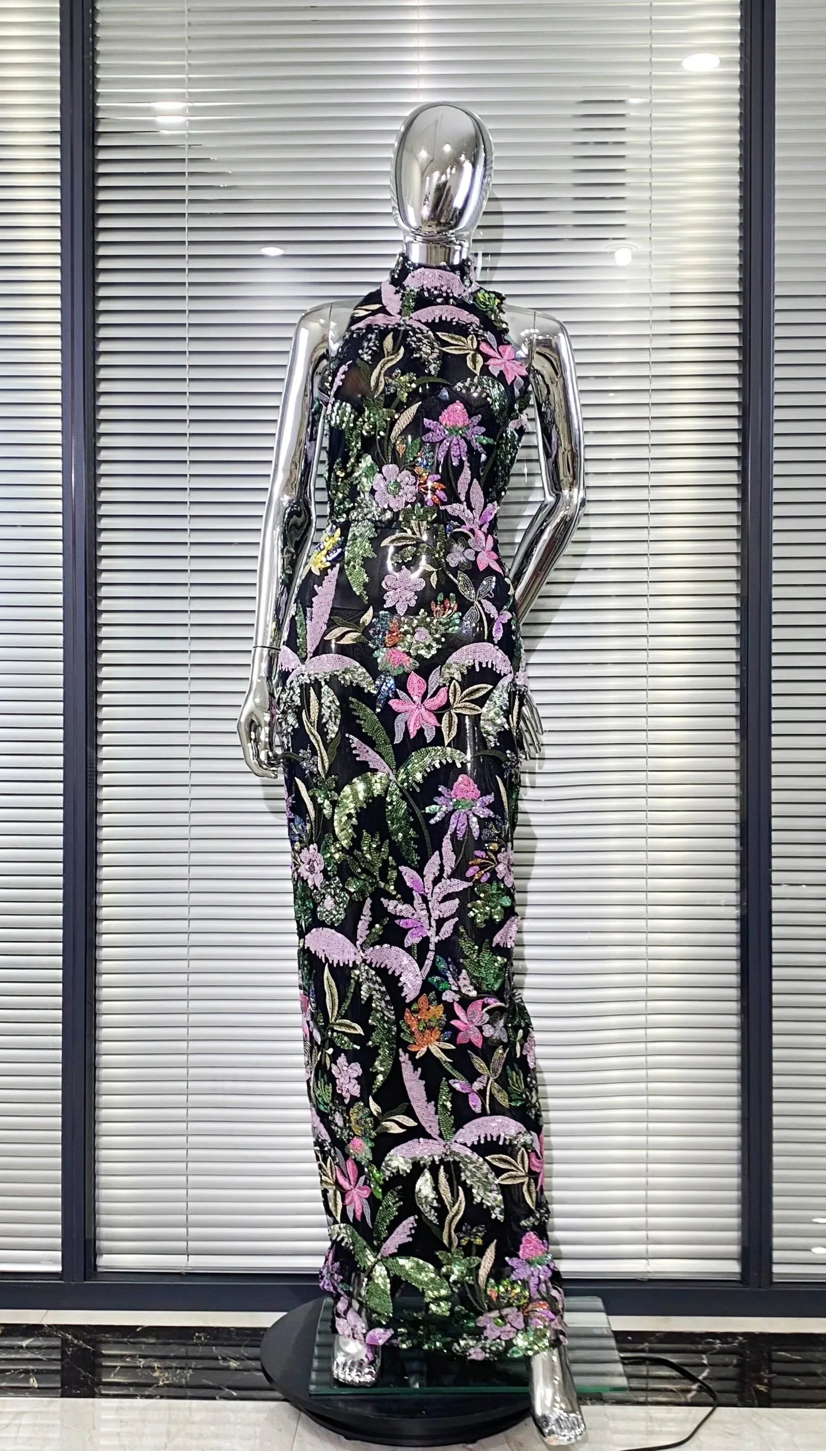 Sequin Flowers Embroidery O-Neck Sleeveless Sheath Ankle Length Dress Gracful Woman Evening Dress Celebrity Party Outfit