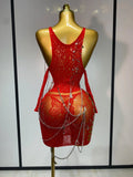 Women Sexy Hollow Out Pearl Chain Bodycon Dress Sleeveless High Stretchy Mini Dress Evening Party Nightclub Singer Stage Outfit