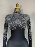 Women Sexy Nightclub Evening Party Drag Queen Singer Dancer Stage Performance Costume Luxury Rhinestone Stretch Jumpsuit