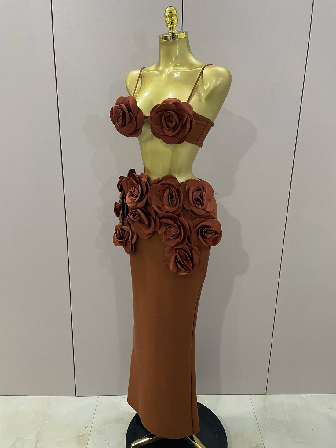 Sexy Camisole Floral Bandage Long Skirts 2-Piece Set Women Celebrity Elegant Party Cocktail Prom Gown Nightclub Outfit Dark Brown