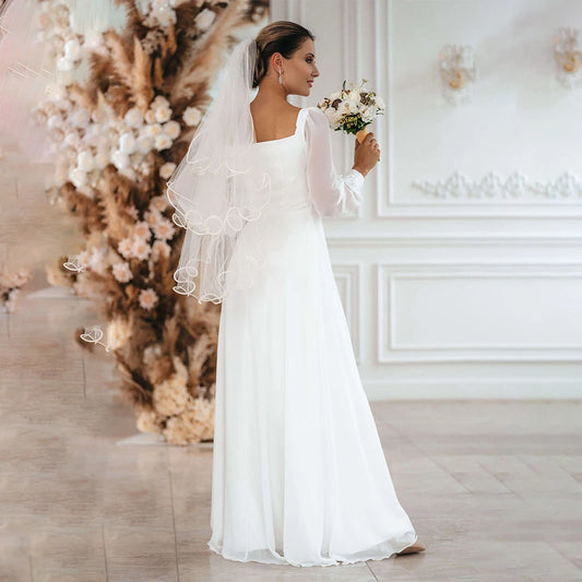 Nuovo abito da sposa semplice un collare quadrata a manica lunga lunghezza abiti da sposa da sposa da sposa Eleagnt Vestidos de novi Civil