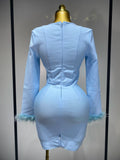 Women Fashion Sexy Long Sleeve Feathers Mini Bodycon Bandage Dress Elegant Evening Party Club Luxury Birthday Dresses