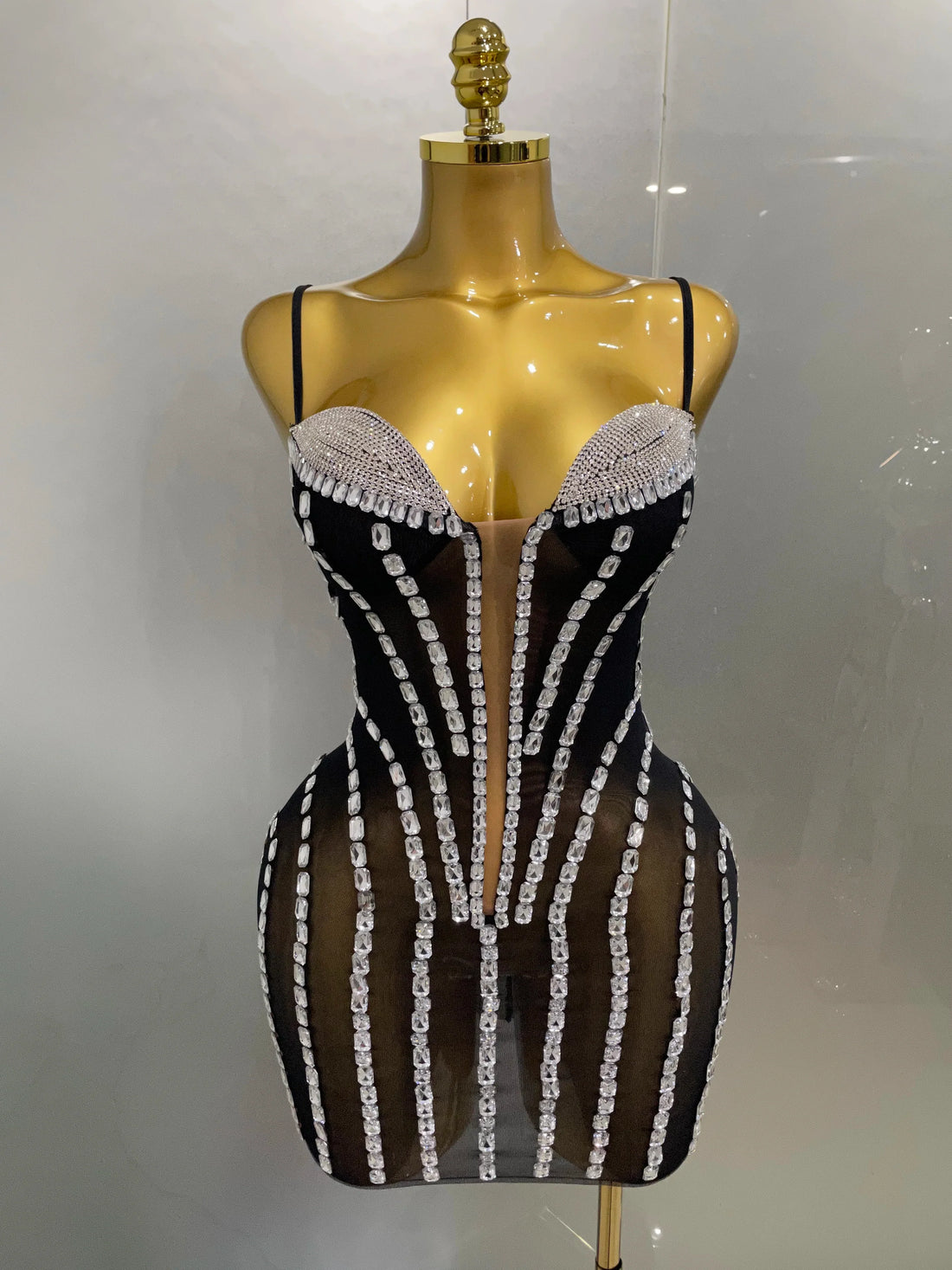 Sexy Sparkly Rhinestones Mesh See Through Short Slip Dress Women Evening Birthday Party Prom Nightclub PhotoShoot Stage Wear