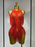 Sparkly Rhinestones Fringes Leotard Women Nightclub Evening Party Outfit Dance Costume Stage Outfit Sexy Performance Bodysuit red