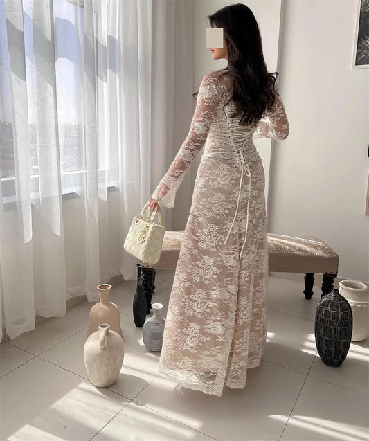 Ivory White Prom Dresses Illusion Lace Appliques فساتين السهرة Elegant Long Sleeves Floor-Length Vestidos De Noche