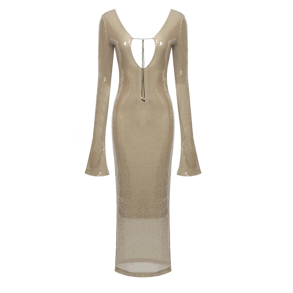 Dresses For Women Deep V Plunge Sexy Long Sleeves Ankle Length Sequins Bodycon Clothes Evening Dress Vestido Light Tan