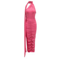 Elegant Sleeveless Halter Ribbon Ruched Details Backless Body Suit With Beaded Maxi Long Skirt Two Pieces Set Casual Wearing Pink