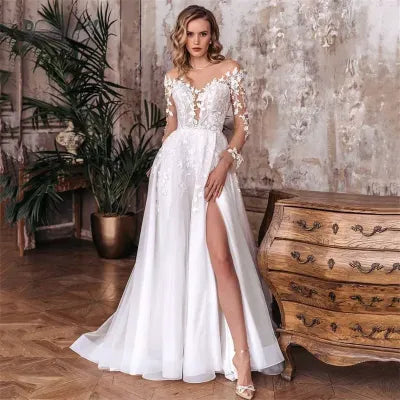 Elegant A-Line Wedding Dress Women Open Back V-Neck Lace Long Sleeve Side Split Tulle Bridal Gown Sweep Train Vestidos De Noiva Ivory 14w