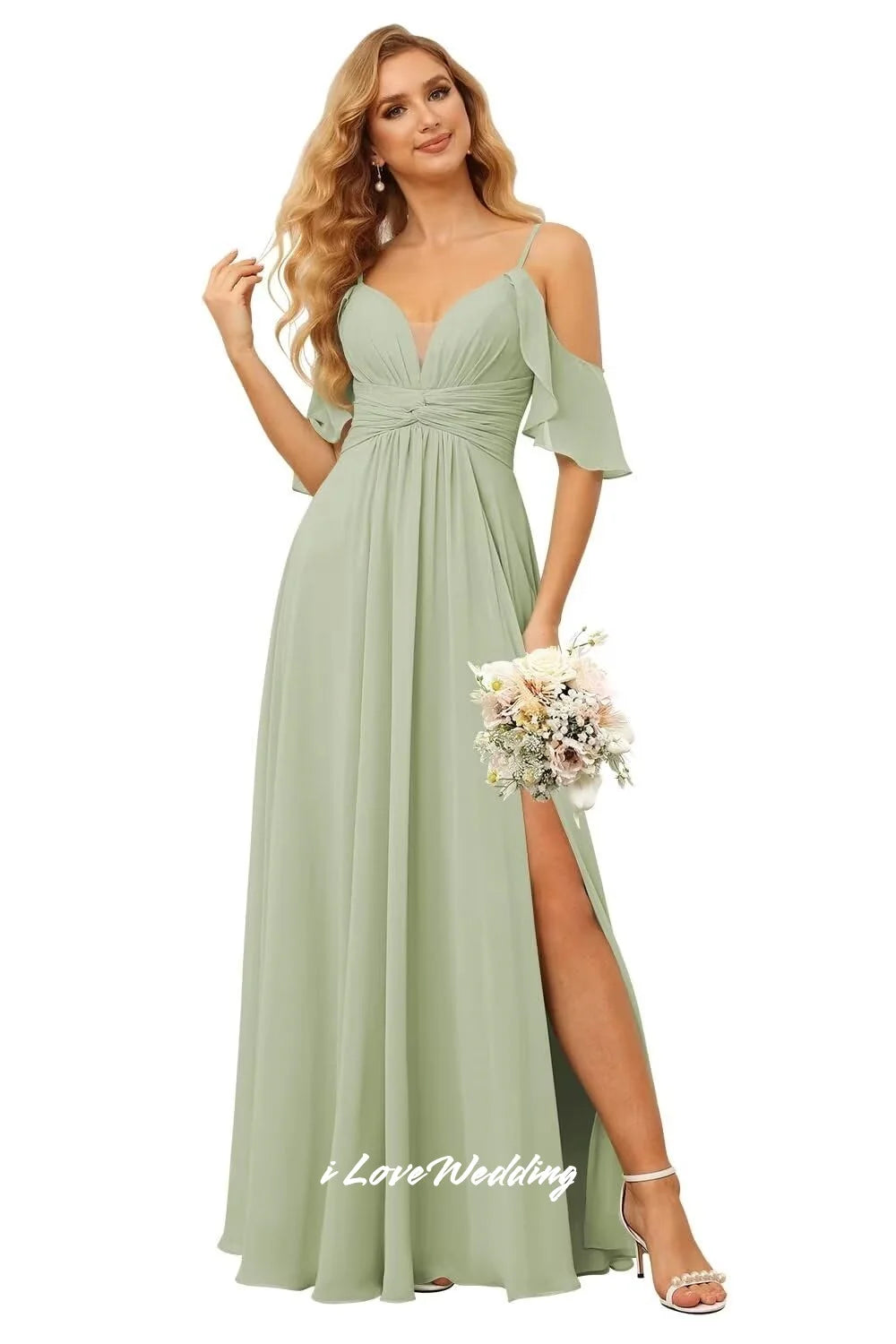 Elegant Chiffon Bridesmaid Dress V-Neck Spaghetti Straps A-Line Split Floor-Length Backless Wedding Guest Dress Customized