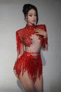 Sparkly Rhinestone Sequin Tassel Stretch Bodysuits Women Birthday Party Nightclub Dj Stage Performance Costume Red