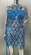 Blue Sequins Shining Diamonds Long Tassel Sleeveless Mini Dress 2 Pieces Birthday Party Outfit Performances Costume